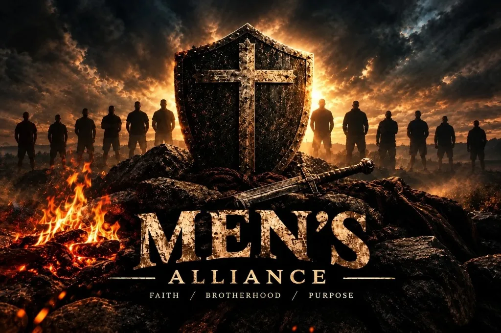 Men's Alliance graphic — faith, brotherhood, and purpose at The Refuge.