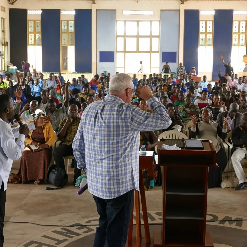 A Refuge leader speaking to a large overseas congregation with hands raised in worship.