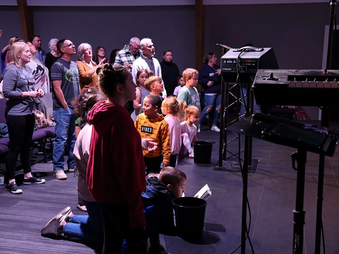Kids and families gathered near the stage during a Refuge service.