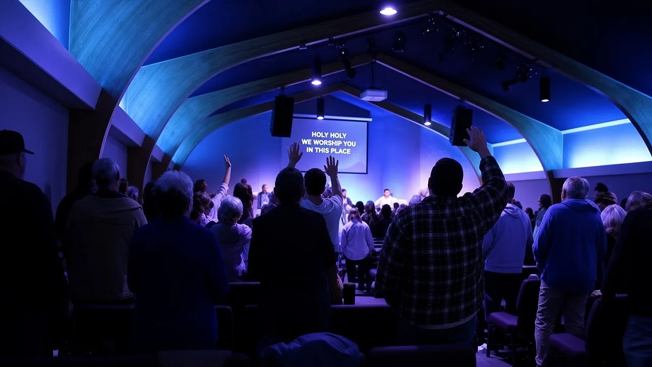 The congregation standing in worship at The Refuge, facing the stage under blue sanctuary light.