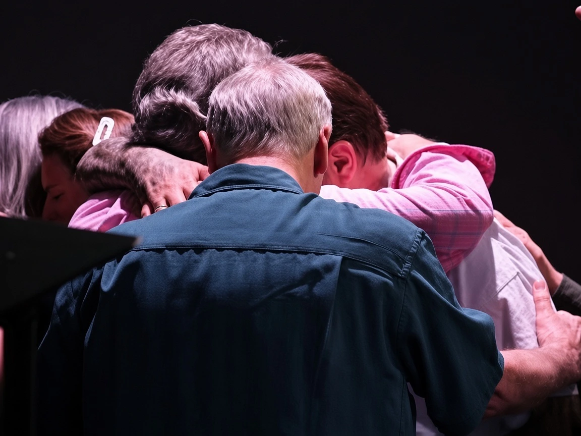 A group gathered in a close embrace during a Refuge gathering.